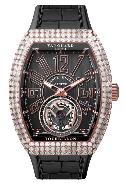 Best FRANCK MULLER Vanguard Tourbillon Rose Gold White Diamonds Case - Black V 41 T D (NR) (5N) (NR NR 5N) Replica Watch